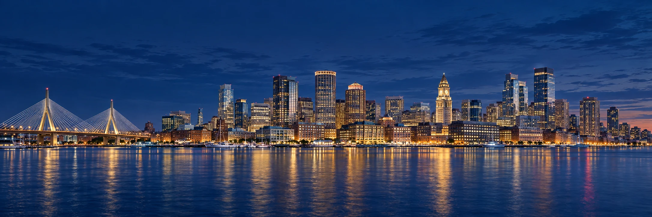 Illustrated panoramic Boston cityscape at dusk