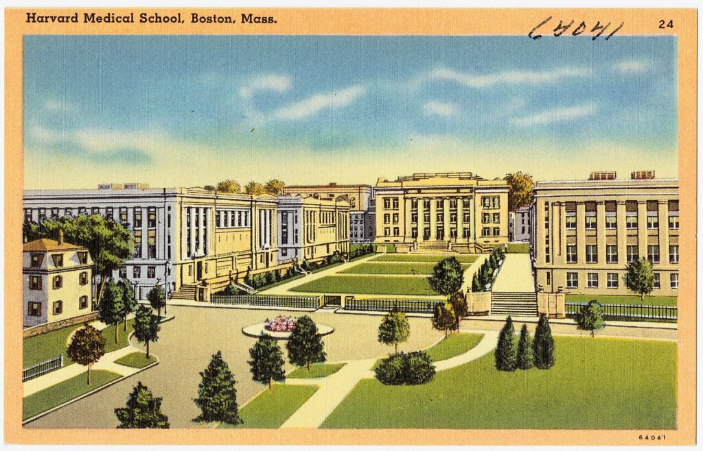 Historical postcard showing Harvard Medical School buildings.