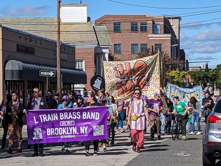 Musicians and participants in the HONK! Sunday parade in Somerville in 2023.