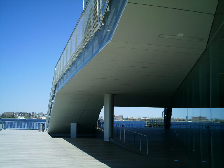 ICA Boston fall exhibitions venue, with the museum’s exterior stairs beside the harbor.